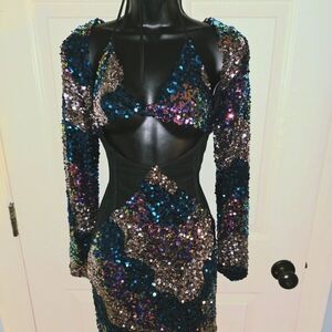 Sequin Halter Dress with Long Sleeves